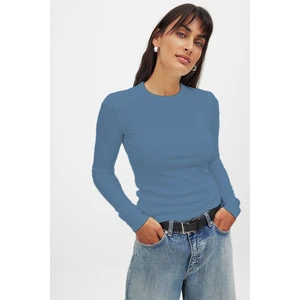 Kadın Açık Indigo Uzun Kollu Bisiklet Yaka T-Shirt Bluz Kaşkorse Fitilli