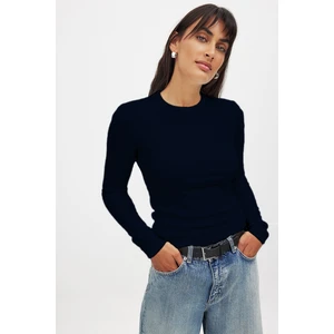 Kadın Lacivert Uzun Kollu Bisiklet Yaka T-Shirt Bluz Kaşkorse Fitilli