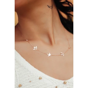 Papatya Silver Kirlangıç Dansı Kolye Rose Altın Kaplama Nano Zirkon Taşlı Üç Kırlangıç Figürlü Gümüş Kolye