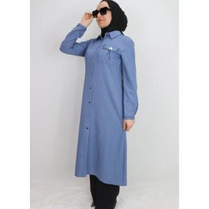 1635 Tunik Önden Düğmeli Cep Kapak ve Kol Ucu Boncuk Detaylı Uzun Tunik Qys Tunik #24-03#