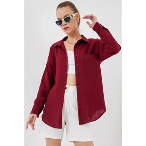 20153 Tek Cepli Oversize Keten Gömlek - Bordo