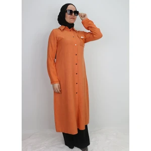 1635 Tunik Önden Düğmeli Cep Kapak ve Kol Ucu Boncuk Detaylı Uzun Tunik Qys Tunik #24-03#