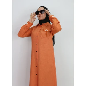 1635 Tunik Önden Düğmeli Cep Kapak ve Kol Ucu Boncuk Detaylı Uzun Tunik Qys Tunik #24-03#