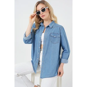 Kadın Uzun Kot Gömlek 20318 - Mavi