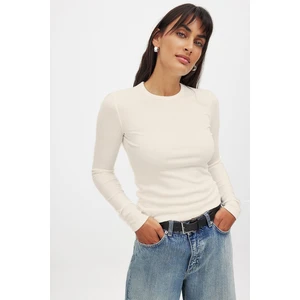 Kadın Ekru Uzun Kollu Bisiklet Yaka T-Shirt Bluz Kaşkorse Fitilli