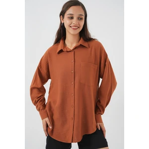 20153 Tek Cepli Oversize Keten Gömlek - A. Kiremit