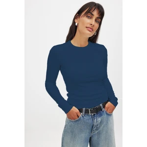 Kadın Indigo Mavi Uzun Kollu Bisiklet Yaka T-Shirt Bluz Kaşkorse Fitilli