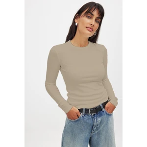 Kadın Bej Uzun Kollu Bisiklet Yaka T-Shirt Bluz Kaşkorse Fitilli