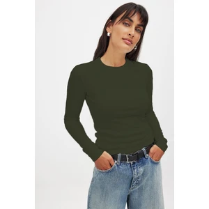 Kadın Haki Uzun Kollu Bisiklet Yaka T-Shirt Bluz Kaşkorse Fitilli