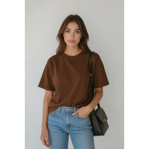 Mernil Store %100 Organik Pamuk Nefes Alan Tok Yumuşak Dokulu Premium Yarım Oversize Bisiklet Yaka Basic Kadın/Unisex Tişört Kahverengi