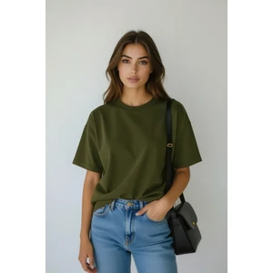 Mernil Store %100 Organik Pamuk Nefes Alan Tok Yumuşak Dokulu Premium Yarım Oversize Bisiklet Yaka Basic Kadın/Unisex Tişört Haki