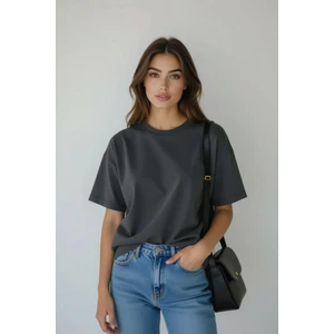 Mernil Store %100 Organik Pamuk Nefes Alan Tok Yumuşak Dokulu Premium Yarım Oversize Bisiklet Yaka Basic Kadın/Unisex Tişört Antrasit