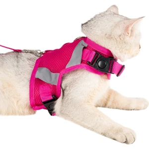 Kedi Tasması Göğüs Boyun Tasma Seti Sevk Kayışlı Terletmeyen Nefes Alan Reflektörlü Tasma Pembe S