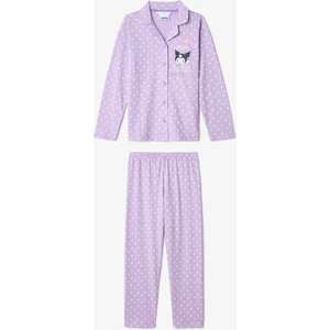 Lila Kız Çocuk Kuromi Uzun Kollu Gömlek Pijama Takımı