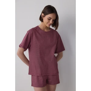 Bordo Freya Ekose Pamuklu Bisiklet Yaka Kısa Kollu Şortlu Pijama Takımı