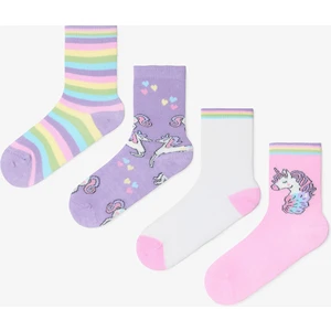Kız Çocuk Çizgili Unicorn Desenli Pamuklu 4'lü Soket Çorap