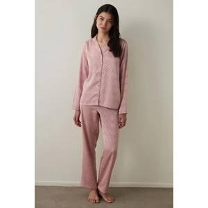 Gül Kurusu Emma Gömlek Yaka Uzun Kollu Saten Pijama Takımı