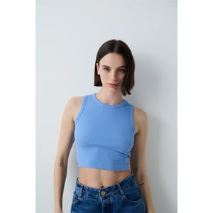 Mavi Halter Yaka Fitilli Crop Atlet