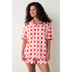 Ekoseli Gömlek Yaka Pamuklu Kısa Kollu Düğmeli Şort Pijama Takımı