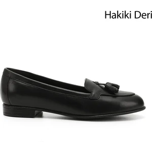 Gön Hakiki Deri Yuvarlak Burun Düz Taban Püsküllü Kadın Babet 24259