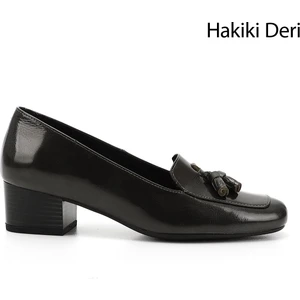 Gön Hakiki Deri Küt Burun Kısa Kalın Topuklu Püsküllü Kadın Ayakkabı 13313