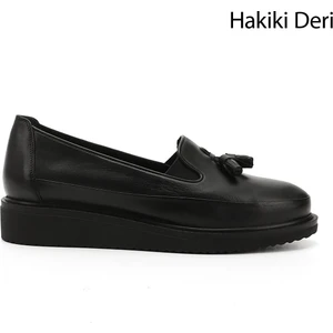 Gön Hakiki Deri Yuvarlak Burun Dolgu Taban Püsküllü Kadın Günlük Ayakkabı 24142