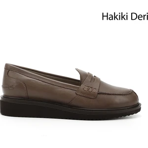 Gön Hakiki Deri Yuvarlak Burun Dolgu Taban Loafer Kadın Günlük Ayakkabı 24092