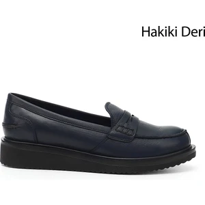 Gön Hakiki Deri Yuvarlak Burun Dolgu Taban Loafer Kadın Günlük Ayakkabı 24092