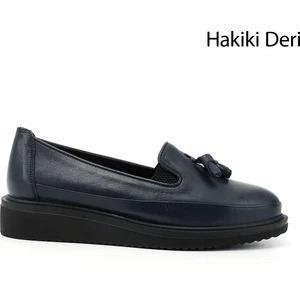 Gön Hakiki Deri Yuvarlak Burun Dolgu Taban Püsküllü Kadın Günlük Ayakkabı 24142