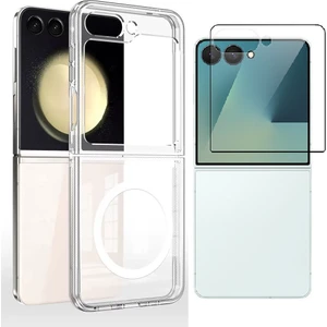 Galaxy Z Flip 7 Kılıf M-Safe Şarj Özellikli Şeffaf Sert Pc Zore Embos Kapak + Cam Ekran Koruyucu