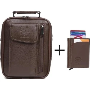 Erkek Mekanizmalı Cüzdan ve Deri Çelik Kasalı Kapaklı Omuz ve El Çantası (15X19CM) TUL293 – Kahverengi