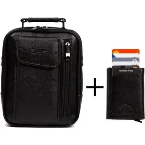 Erkek Mekanizmalı Cüzdan ve Deri Çelik Kasalı Kapaklı Omuz ve El Çantası (15X19CM) TUL293 – Siyah