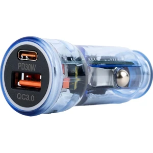 BR01 48W Şeffaf  Mavi Araç Şarj Cihazı | Pd & Qc 3.0 Destekli, Çift USB Hızlı Şarj