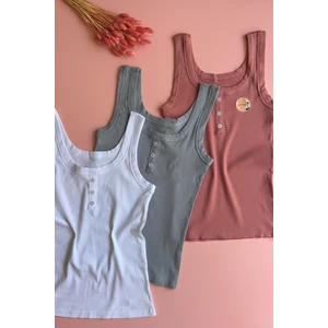 Kaşkorse 3'lü Düğme Detaylı Beyaz, Gül Kurusu ve Mavi Renk Kadın Atlet