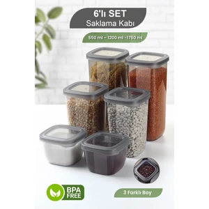 6 Parça Kare Erzak Saklama Kabı Seti - Bakliyat Saklama Kutusu Baharatlık Çerezlik 550-1200-1750 ml