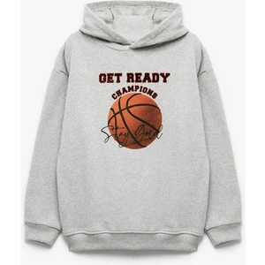 Basketbol Baskılı Şardonlu Uzun Kollu Kapşonlu Sweatshirt