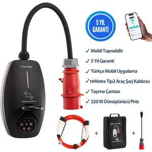 22KW V3 5 Yıl Garanti, (10 Metre Tip2 Araç Şarj Kablosu, Taşıma Çantası ve 220V Dönüştürücü Piriz Dahil)Mobil Taşınabilir Elektrikli Araç Şarj Cihazı 5-32A 230/400V