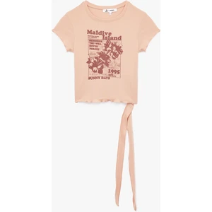 Kuşak Detaylı Kısa Kollu Bisiklet Yaka Pamuklu Baskılı Tişört