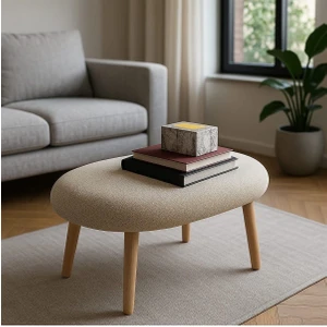 Modern Çok Amaçlı Bej Teddy Kumaş Tabure & Puf Ahşap Ayaklı Sehpa – Oturma – Dekoratif