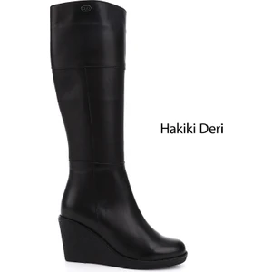 Kadın Siyah Fermuarlı Dolgu Topuklu Hakiki Deri Çizme