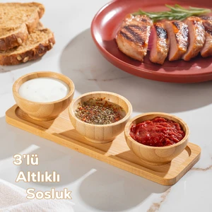2078 3lü Ahşap Bambu Standlı Kase Sosluk Reçellik Çerezlik Ikramlık Sunumluk Seti Takımı
