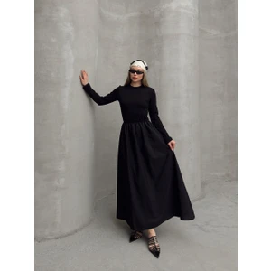Kadın Maxi Boy Etek Kısmı Dokuma Poplin Kloş Üst Kısmı Esnek Viskon Elastan Şık Siyah Elbise