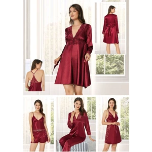 Kadın Bordo Saten Çeyiz Seti 6 Parça Dantelli Sabahlık Gecelik Pijama Şortlu Takım