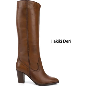 Kadın Taba Sivri Burun Kalın Topuklu Hakiki Deri Çizme