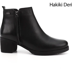 Kadın Siyah Fermuarlı Kalın Topuklu Hakiki Deri Bot