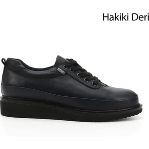 Kadın Lacivert Bağcıklı Dolgu Taban  Hakiki Deri Ayakkabı