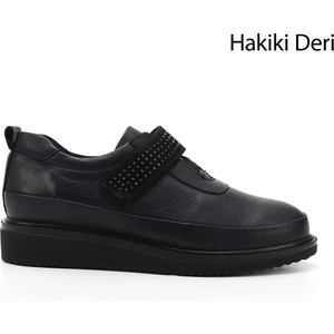 Kadın Lacivert Dolgu Taban Taş Detaylı Hakiki Deri Ayakkabı