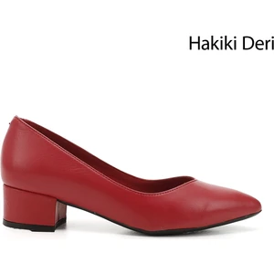 Kadın Kırmızı B Kısa Kalın Topuklu Hakiki Deri Ayakkabı