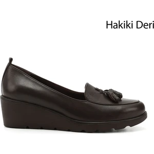 Kadın Kahve Dolgu Taban Püsküllü Hakiki Deri Ayakkabı