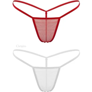 Kırmızı Beyaz 2'li Tül Transparan String Tanga Iç Giyim